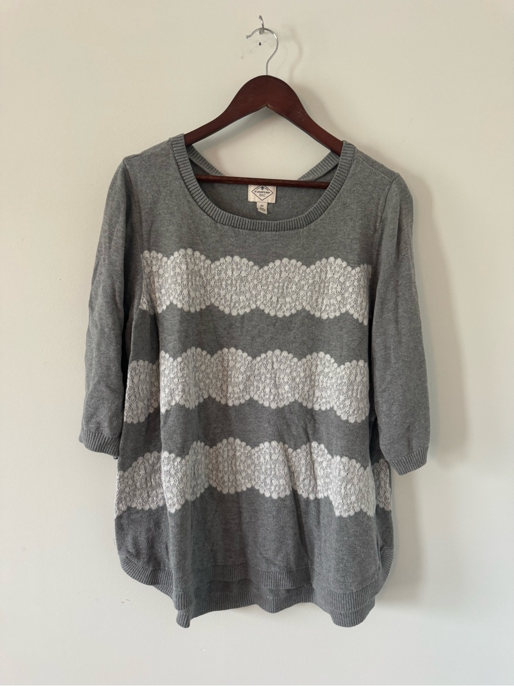 St. John's Bay Grey and White Striped Scoop Neck Sweater
